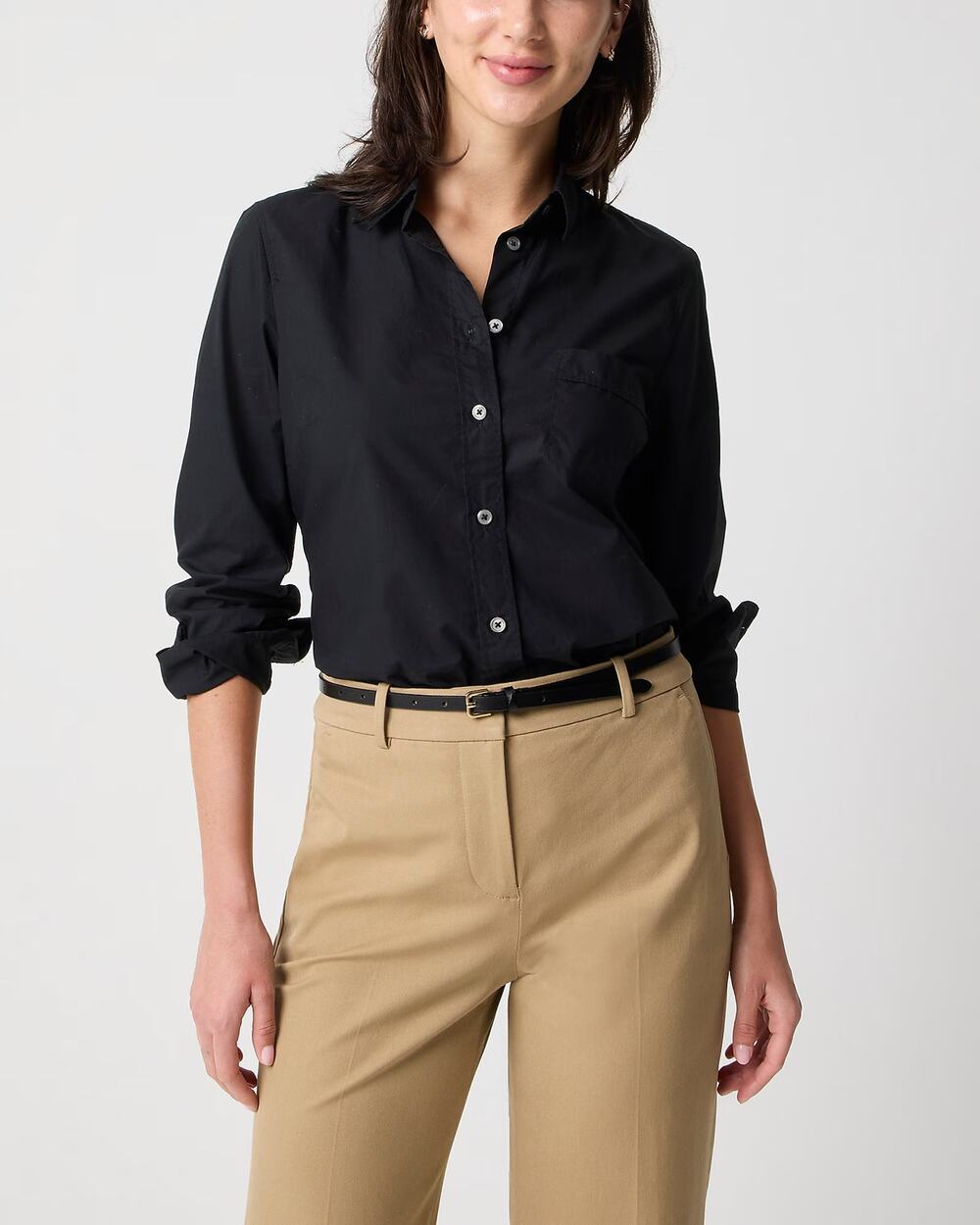 NWT J.Crew Factory Petite Button-Up Cotton Blend Poplin Shirt Black Petite Small